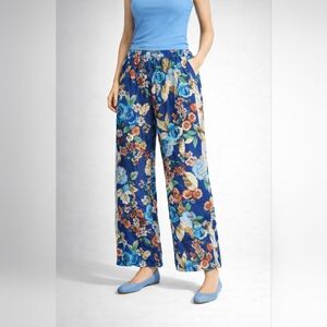 Johnny Was Emma Divine Blue Floral Rayon Wide Leg Pull On Pants XL NWT